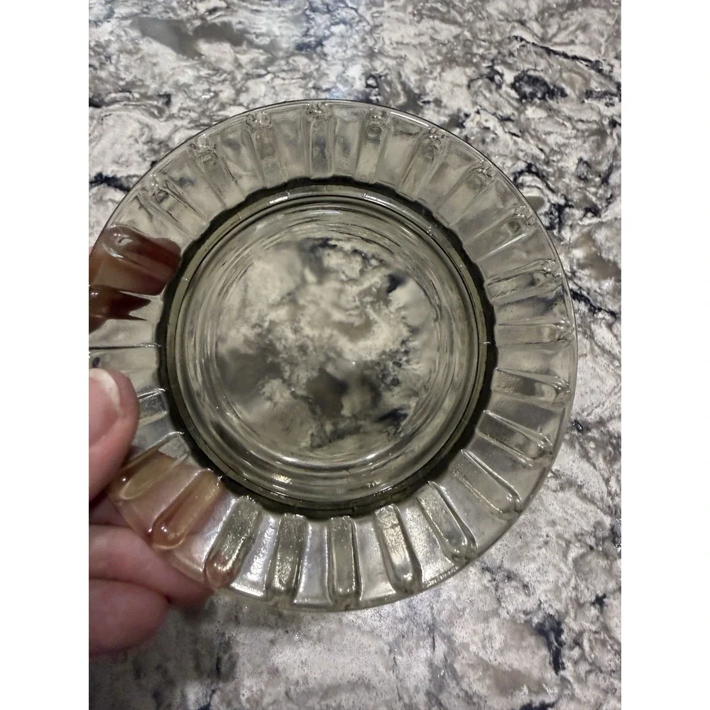 Vintage Smoky Gray Glass Ashtray Ribbed Rim Design Round Dish 4.5 Inch
